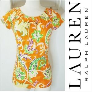 Lauren Ralph Lauren Tropical Paisley Print Cap Sleeve 100% Cotton Top XS-S